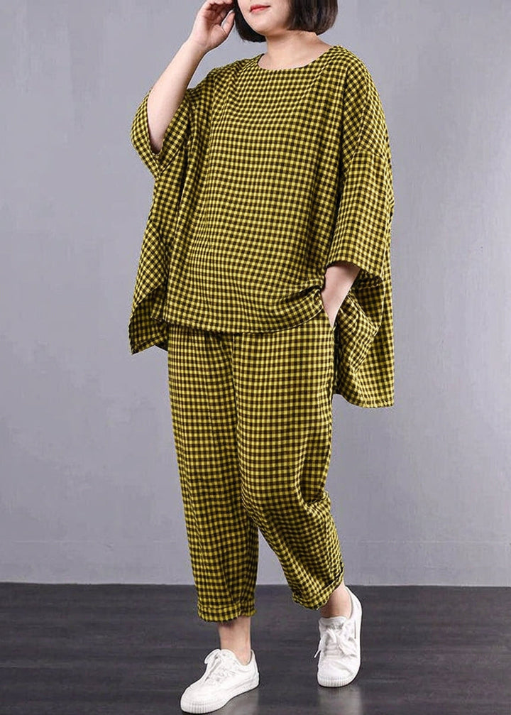 Elke - Casual Plus Size Cotton Linen red Plaid Vintage Blouse And Pants