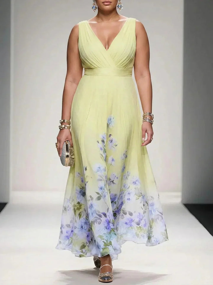 Salma | Light Blue Floral Chiffon V-Neck Maxi Dress