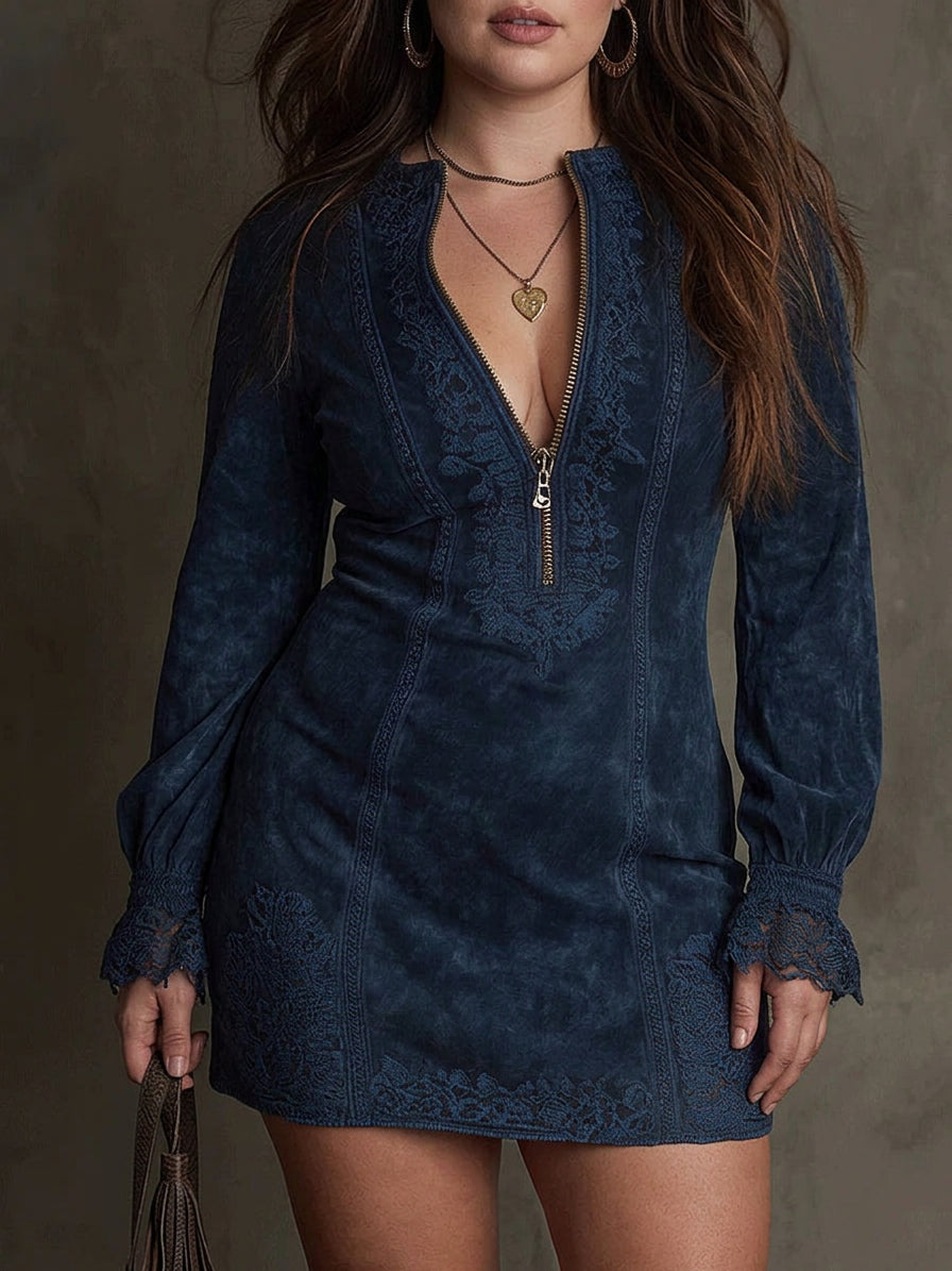 Women's Suede Mini Dress with Lace for Brunch and Night Out