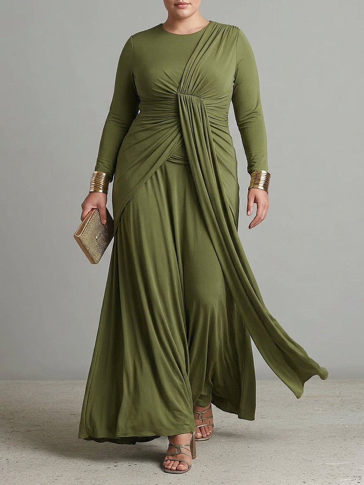Petra Green Long Dress in Stretch Silk with Deep V-Neck and Ruffled Details, Glamour Maxi Dress