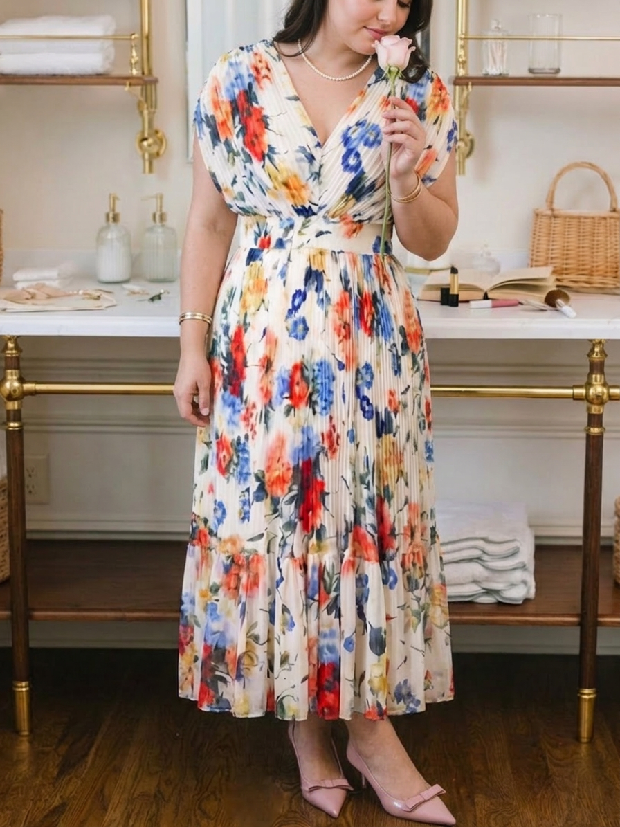 Coraline | Short Sleeve Pleated Floral Midi Dress