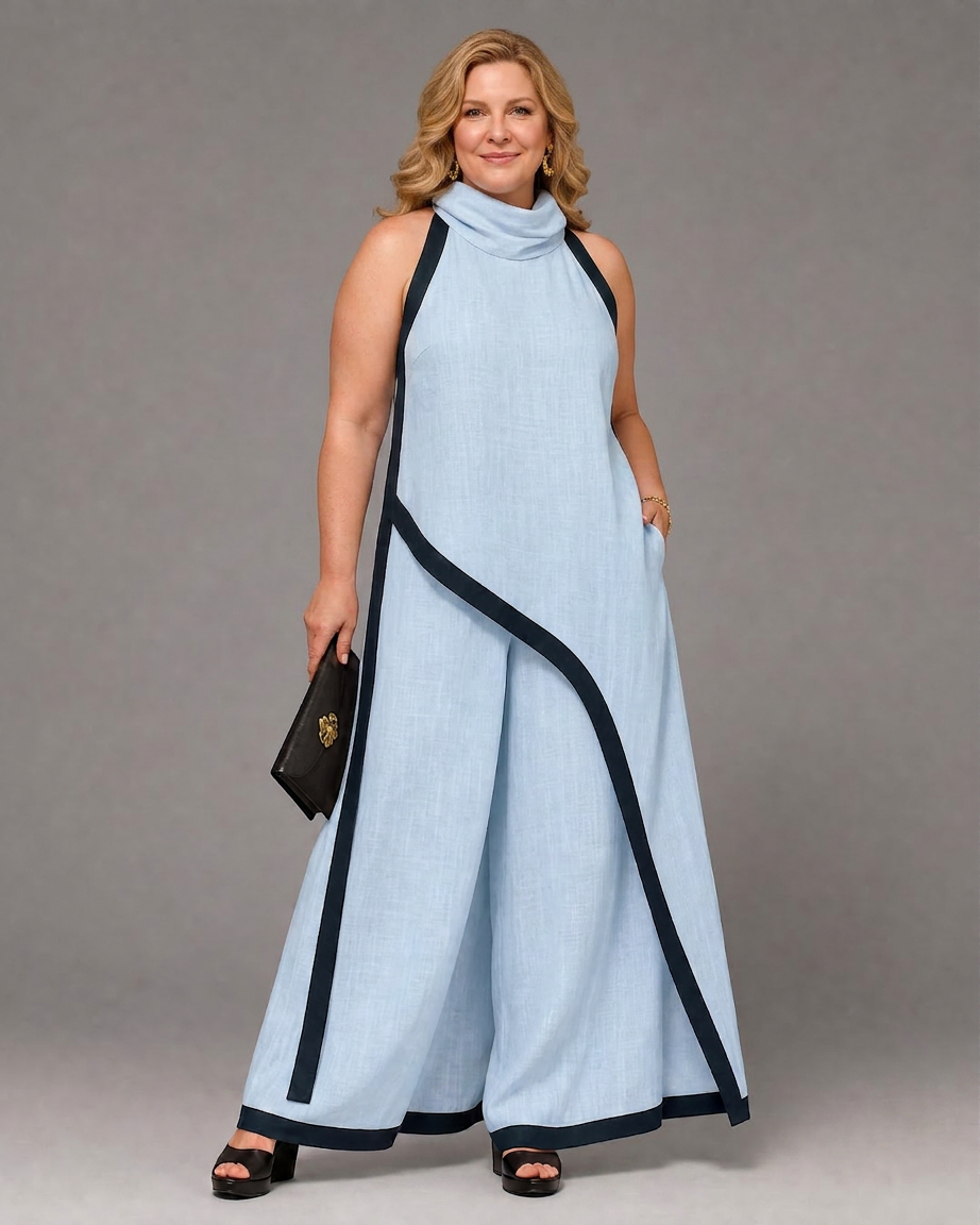 Genevieve | Contrast Trim Sleeveless Layered Top And Wide Leg Pants Set
