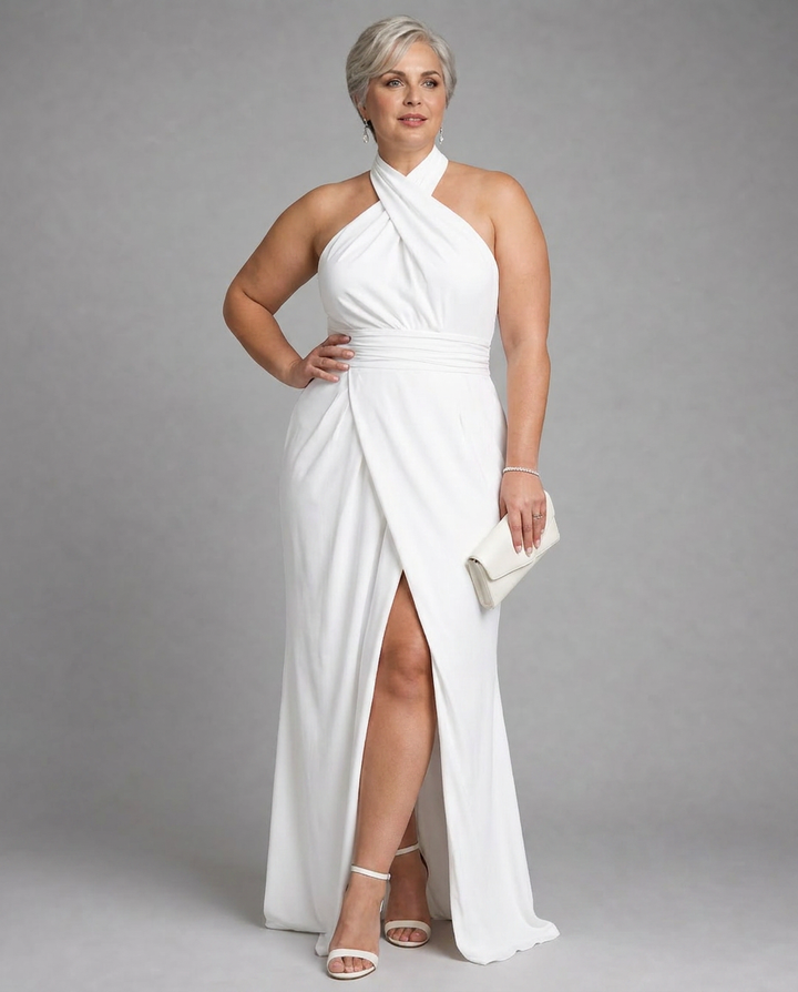 Nia | Cross Halter Draped Side Slit Midi Dress