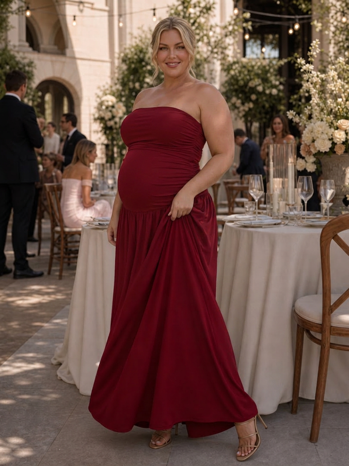 Clemence | Strapless Ruched Bodice Midi Dress