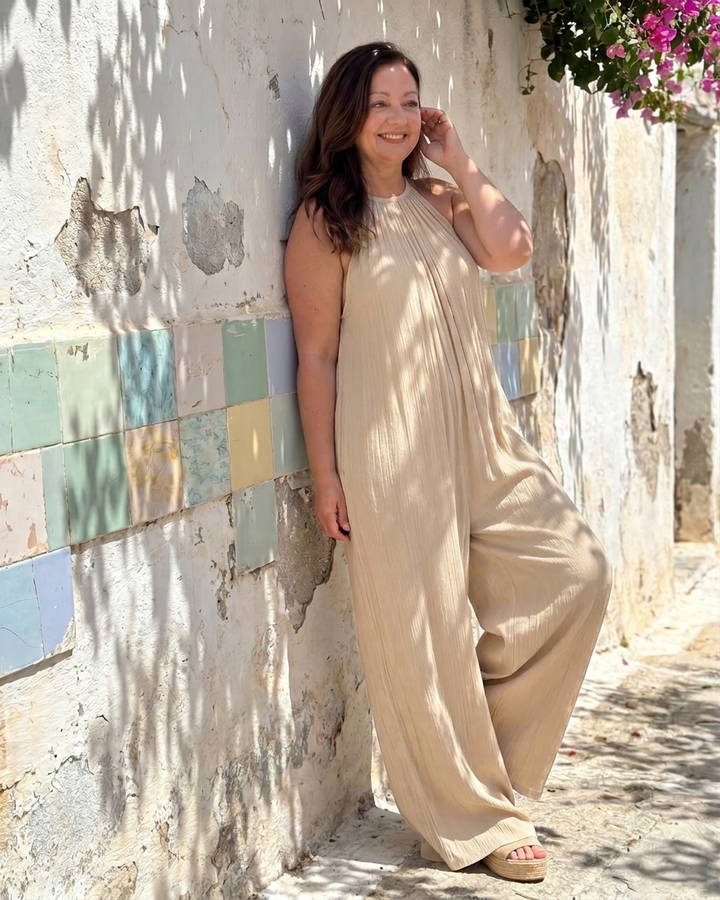 Wanda | Pleated Halter Neck Wide Leg Relaxed Jumpsuit