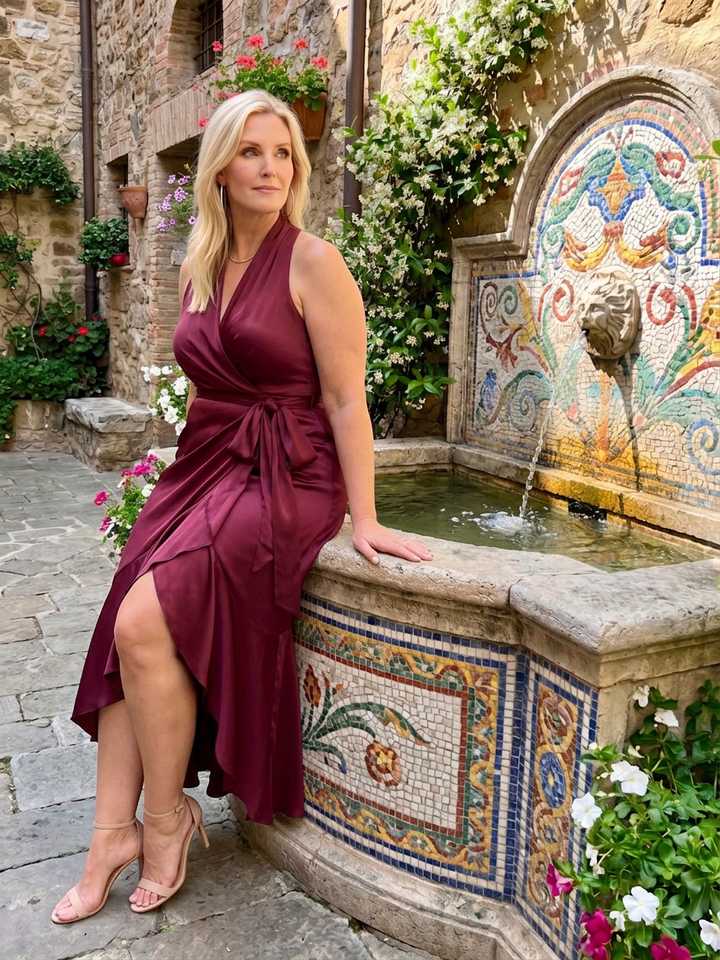 Amina | Halter Neck Wrap Asymmetric Hem Midi Dress