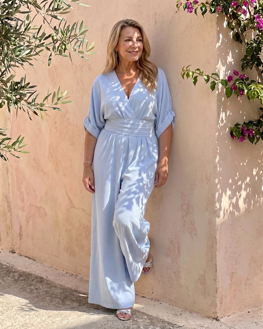 Ottilie | Draped V Neck Wide Leg Relaxed Jumpsuit