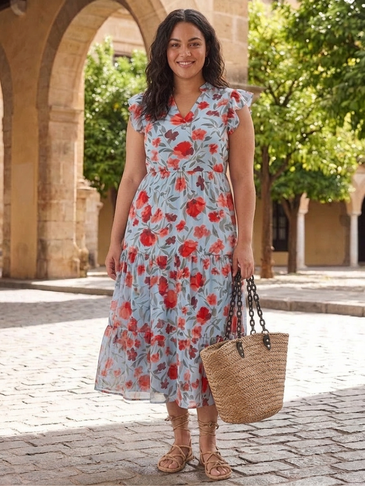 Theodora | Floral V-Neck Tiered Midi Dress