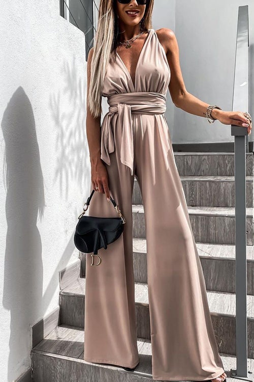 Edith - Solid Color Slim V Neck Lace Up Sleeveless Jumpsuit