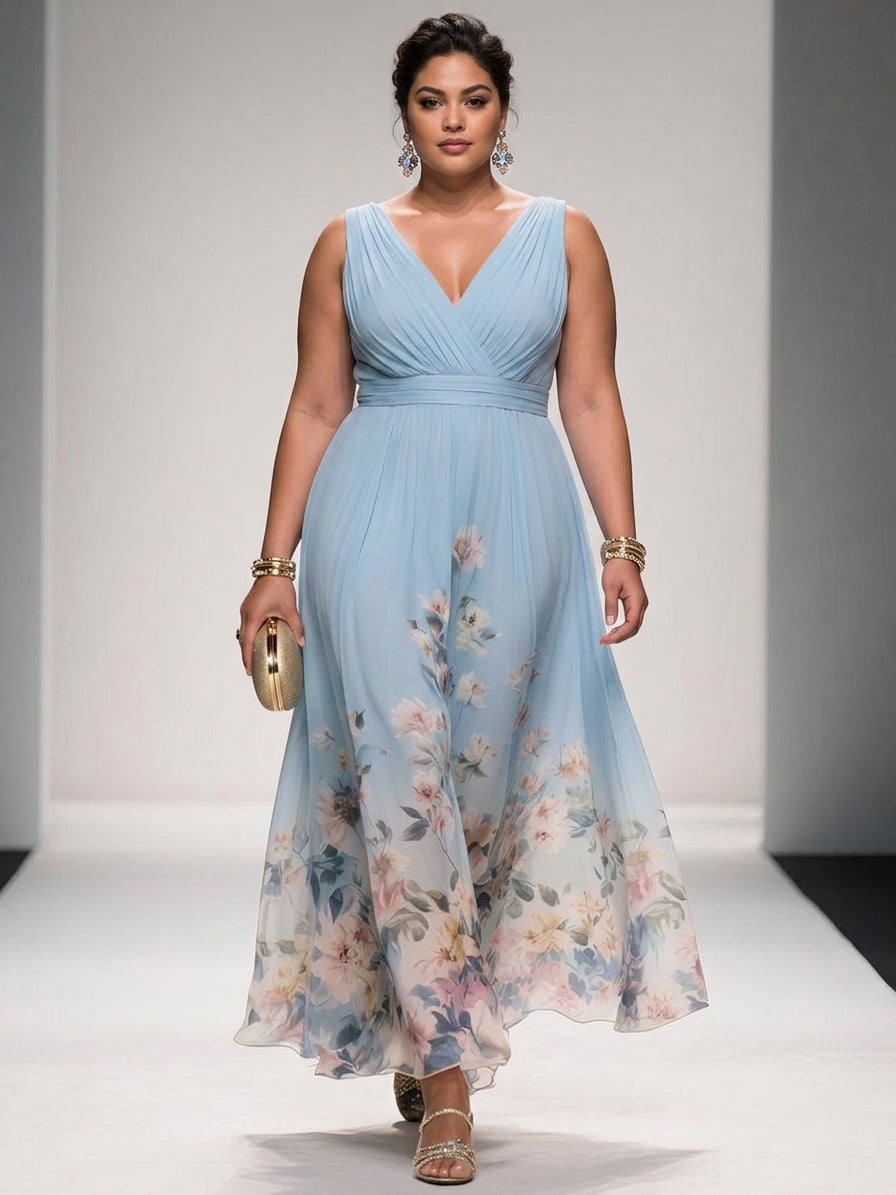 Salma | Light Blue Floral Chiffon V-Neck Maxi Dress