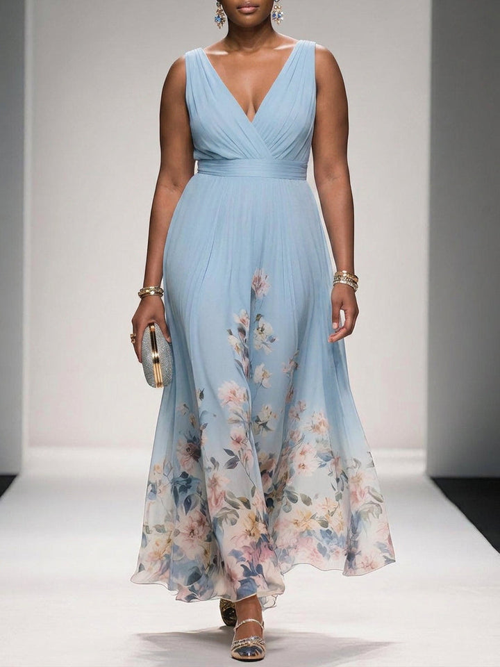 Salma | Light Blue Floral Chiffon V-Neck Maxi Dress