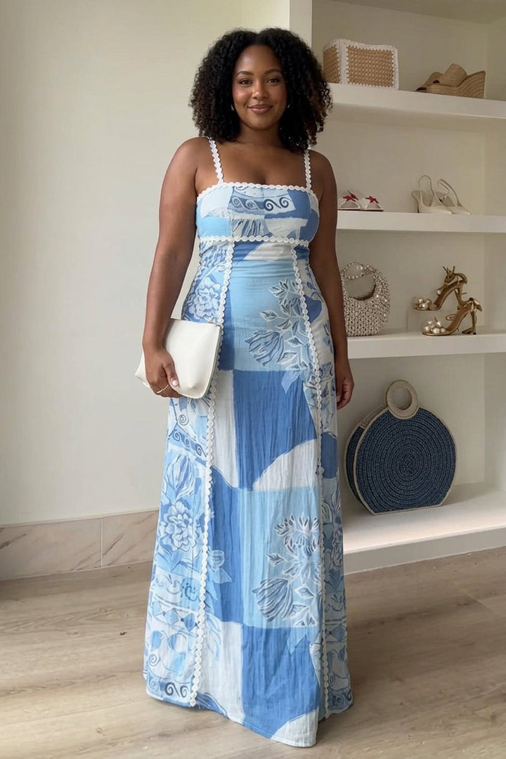 Mira | Ric Rac Strap Bow Back Printed Maxi Dress