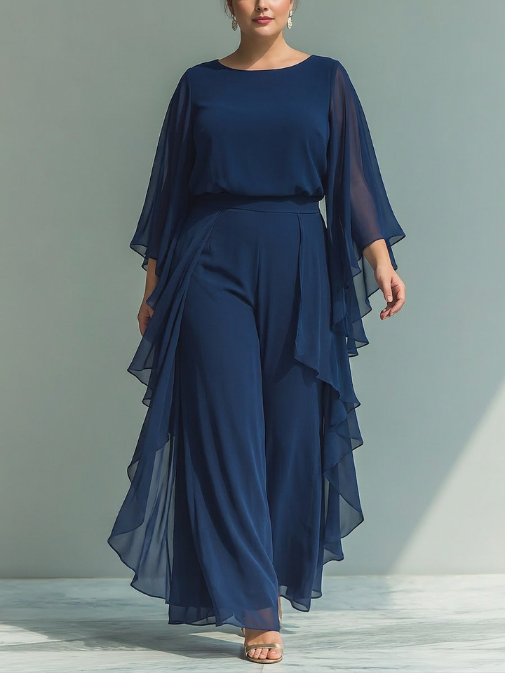Navy Blue Chiffon Top Set with Flared Sleeves and Straight Leg Pants with Ruché Details