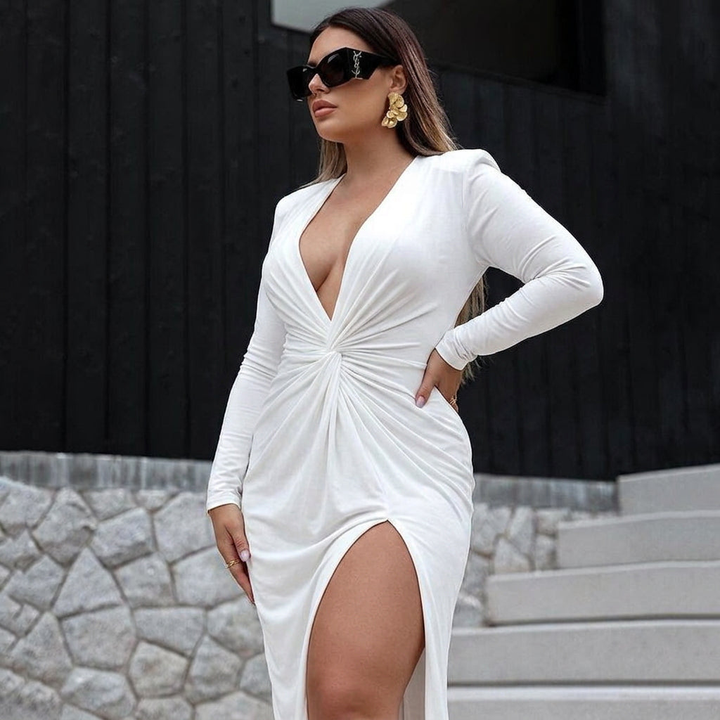 Hana V-Neck Pleated Dress: Elegant Slim Fit Evening Style