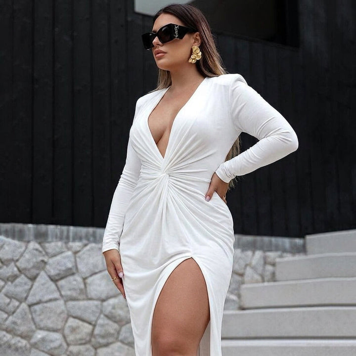 Hana V-Neck Pleated Dress: Elegant Slim Fit Evening Style