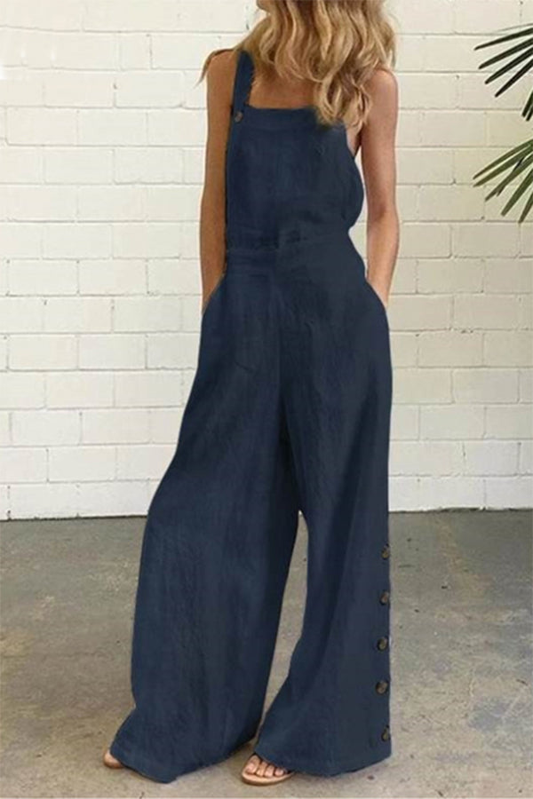 Hazel - Casual Solid Buckle Square Collar Regular Jumpsuits