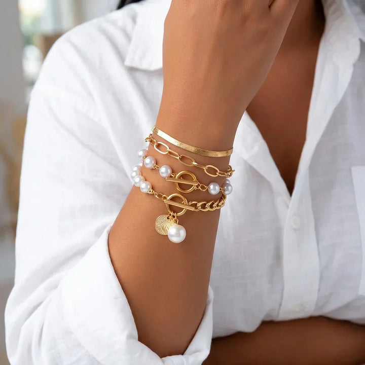 Fauna Gold 4-Piece Bracelet Set - Snake, Pearls &amp; Links | Gold