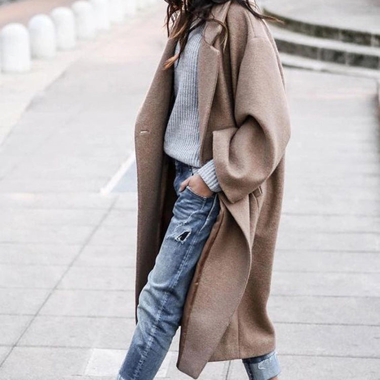 Long Woolen Coat with Pockets, Single-Breasted Lapel Jacket