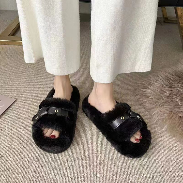 Fluffy Open Toe Slippers for Women with Faux Leather Ring