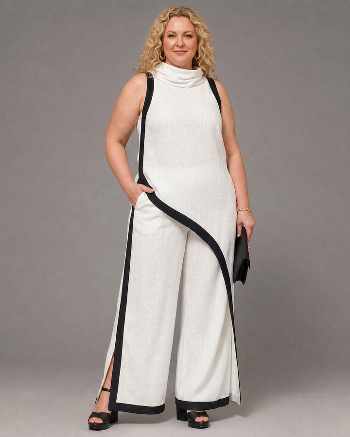 Genevieve | Contrast Trim Sleeveless Layered Top And Wide Leg Pants Set