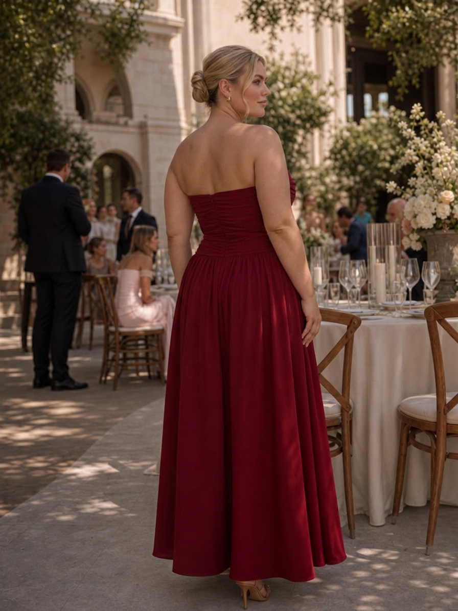 Clemence | Strapless Ruched Bodice Midi Dress