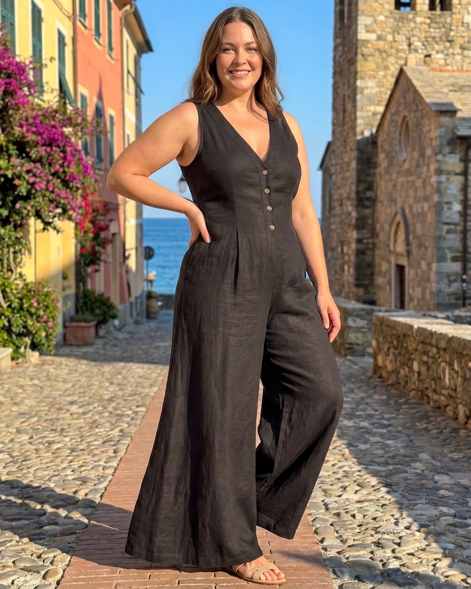 Vita | Button Front Sleeveless Wide Leg Relaxed Jumpsuit