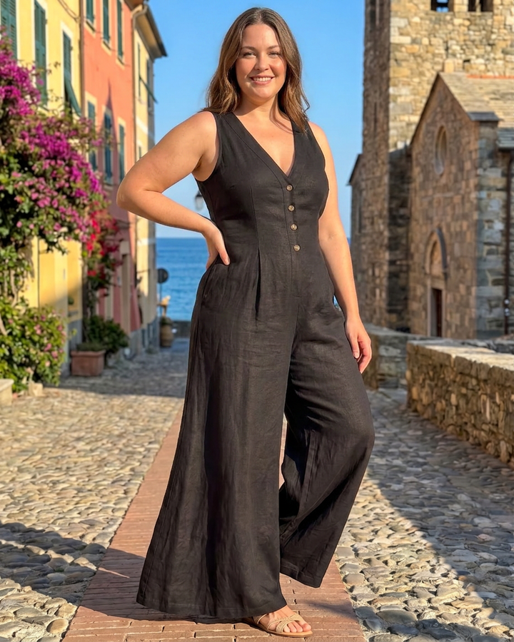Vita | Button Front Sleeveless Wide Leg Relaxed Jumpsuit