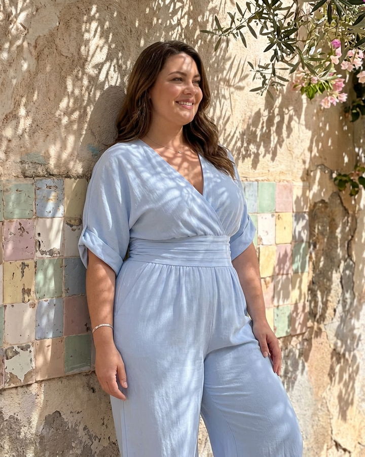Ottilie | Draped V Neck Wide Leg Relaxed Jumpsuit