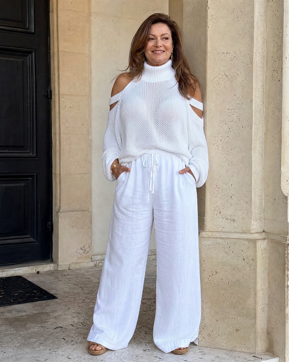 Vesper | Cold Shoulder Knit Sweater Wide Leg Pants Set