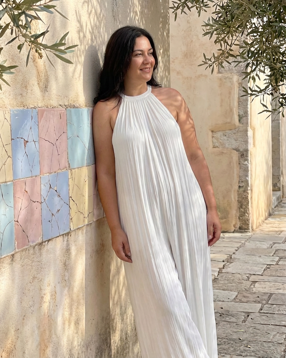 Wanda | Pleated Halter Neck Wide Leg Relaxed Jumpsuit