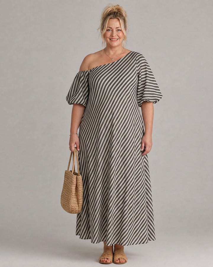 Seraphina | Striped Off Shoulder Puff Sleeve Midi Dress