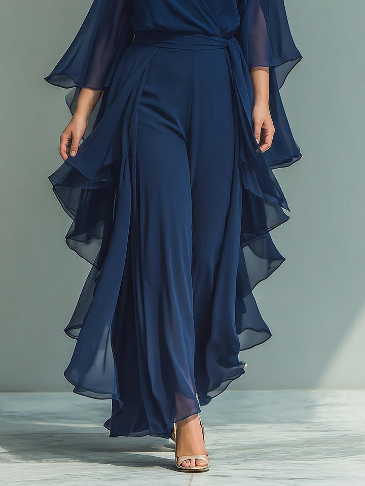 Navy Blue Chiffon Top Set with Flared Sleeves and Straight Leg Pants with Ruché Details