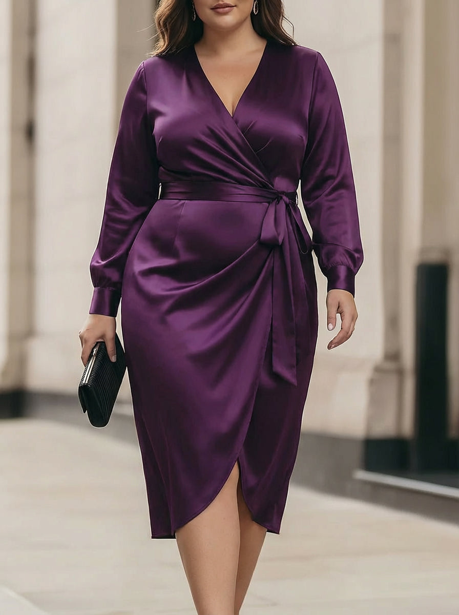 Soleil | Deep Plum Satin Wrap Midi Dress