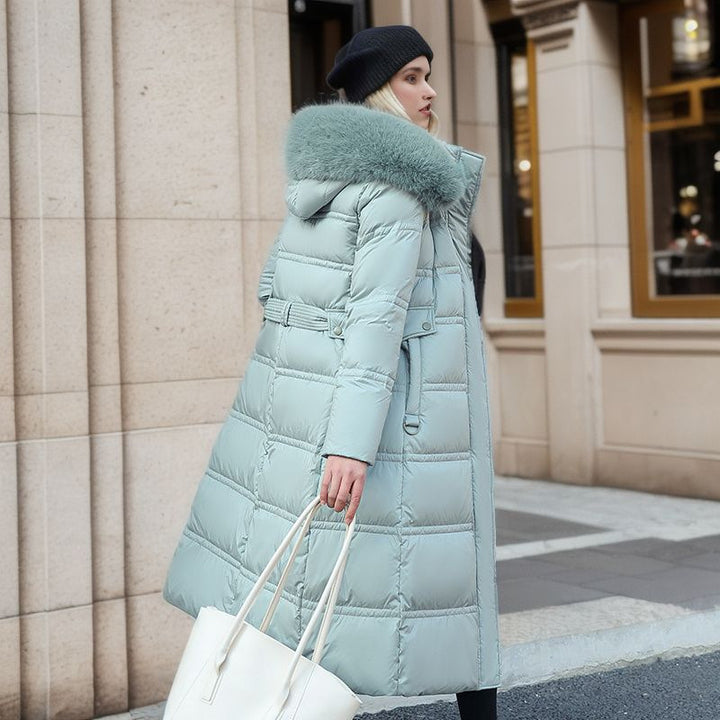 Long Fur Hood Winter Coat for Women, Slim Belted Warm Coat