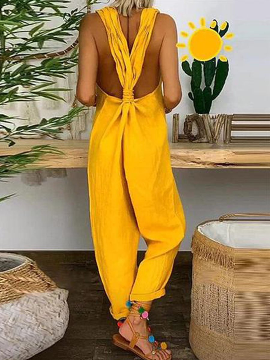 Bellamy - Solid Cross-back Cotton Linen Loose Jumpsuit