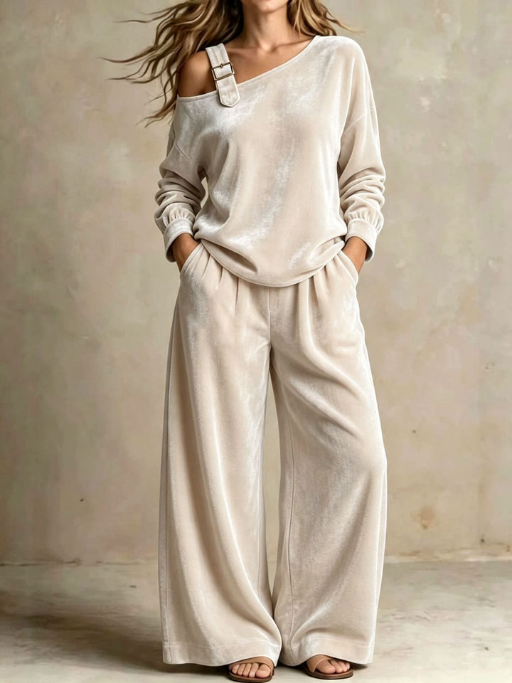 Velvet Off-Shoulder Two-Piece Set, Soft Matching Outfit