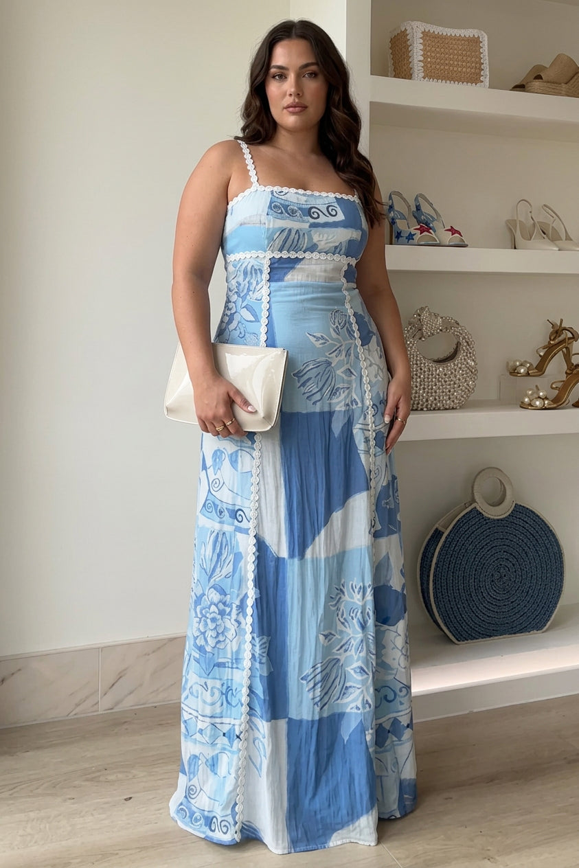 Mira | Ric Rac Strap Bow Back Printed Maxi Dress