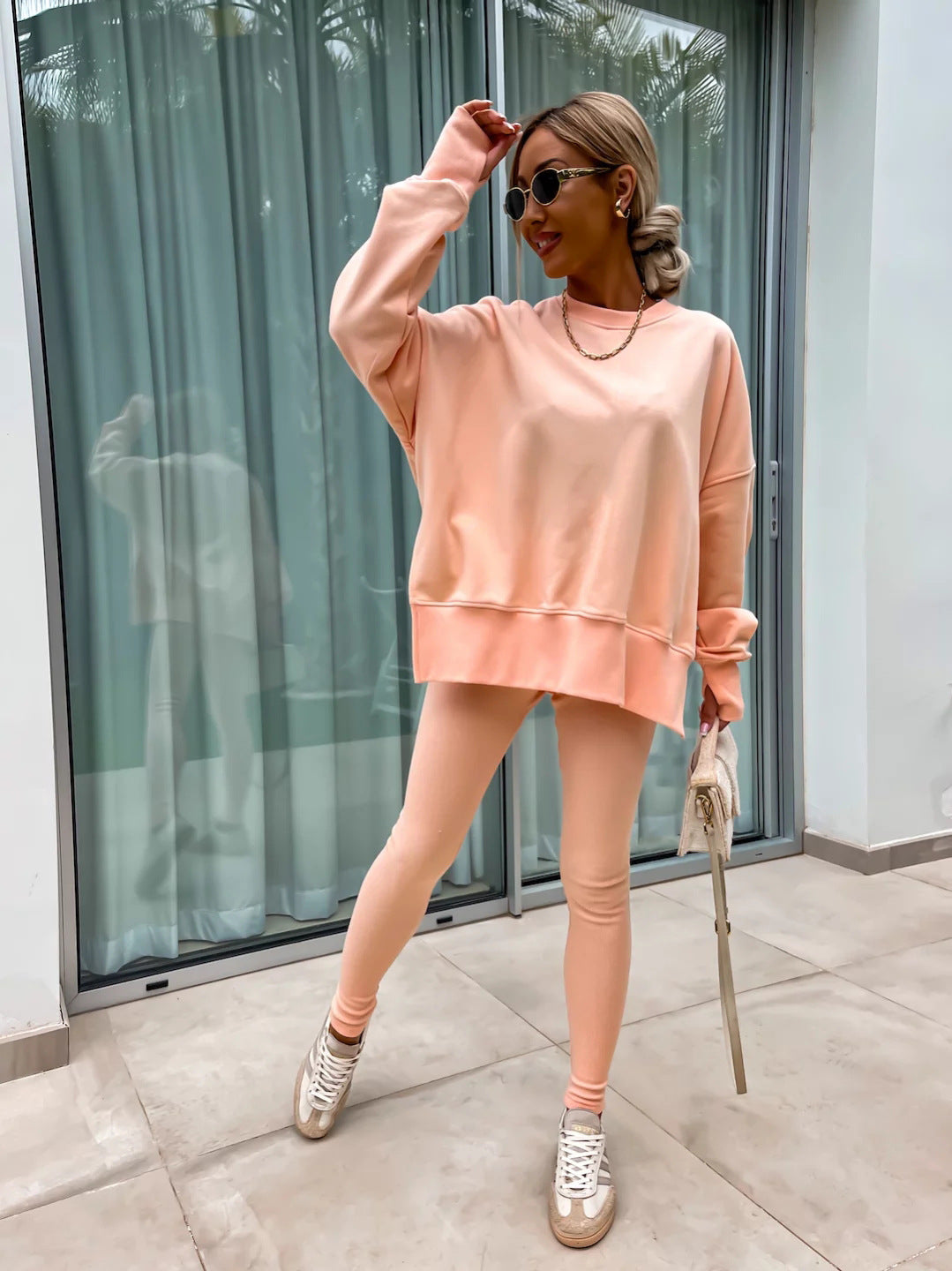 Casual Sweater Suit, Loose Crew Neck Split Top and Tight Pants