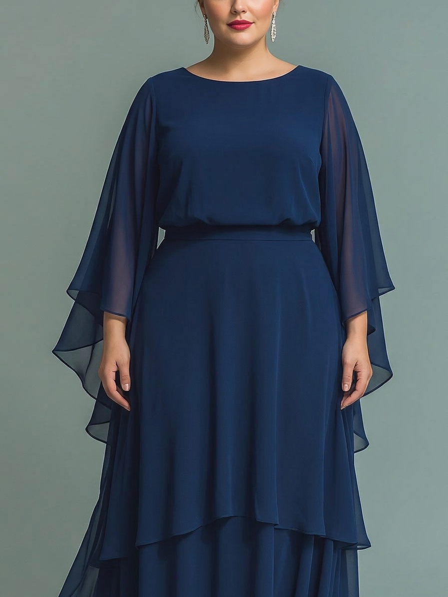 Navy Blue Chiffon Top Set with Flared Sleeves and Straight Leg Pants with Ruché Details