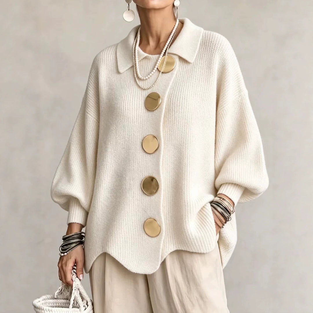 Button-Up Knit Cardigan with Lapel, Loose Fit Long Sleeve