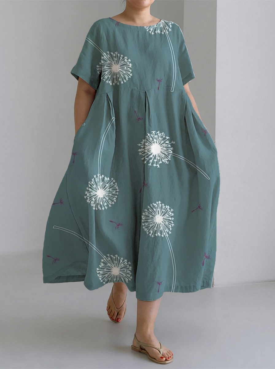 Salma | Green Dandelion Print Large Hem Long Dress