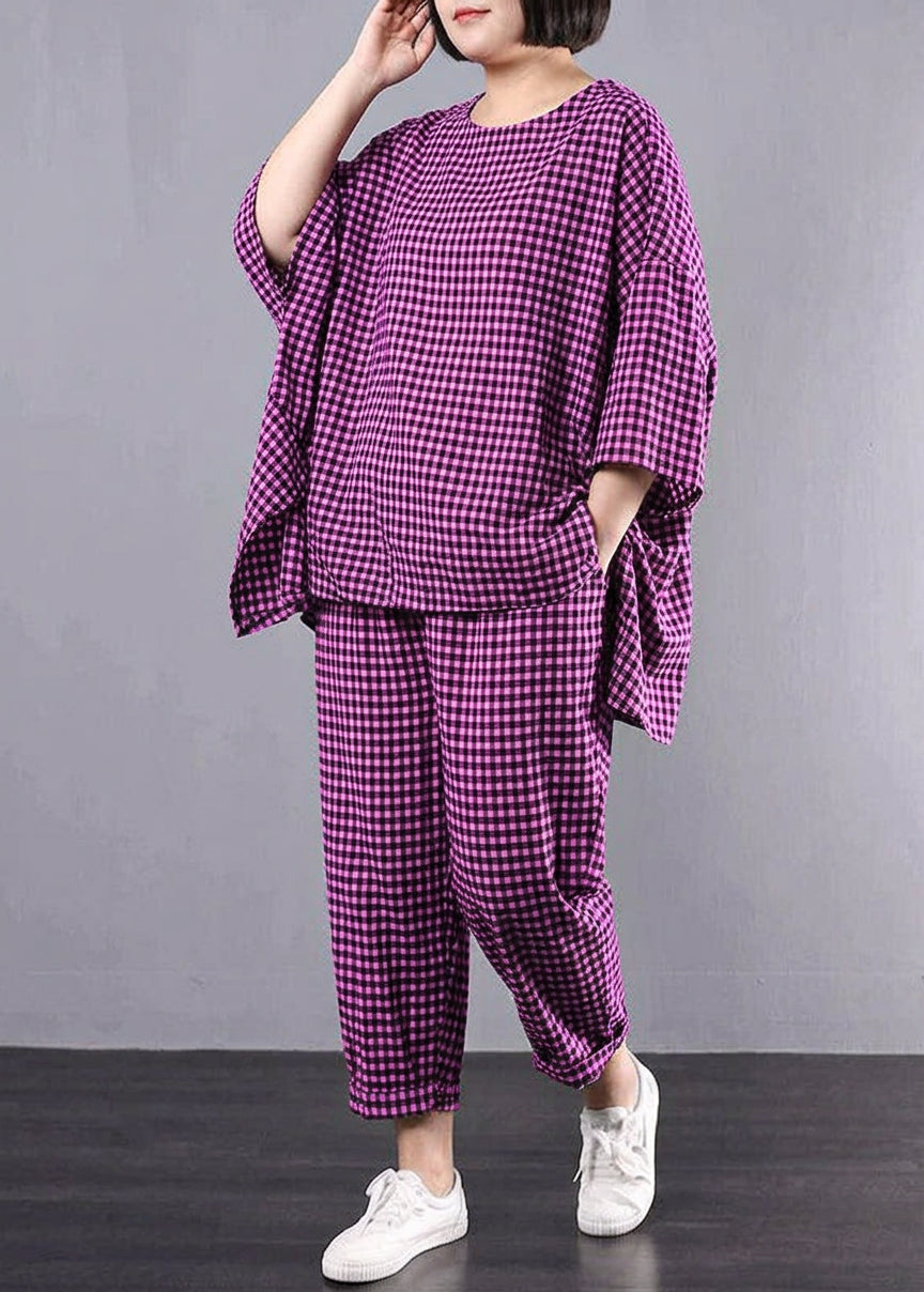 Elke - Casual Plus Size Cotton Linen red Plaid Vintage Blouse And Pants
