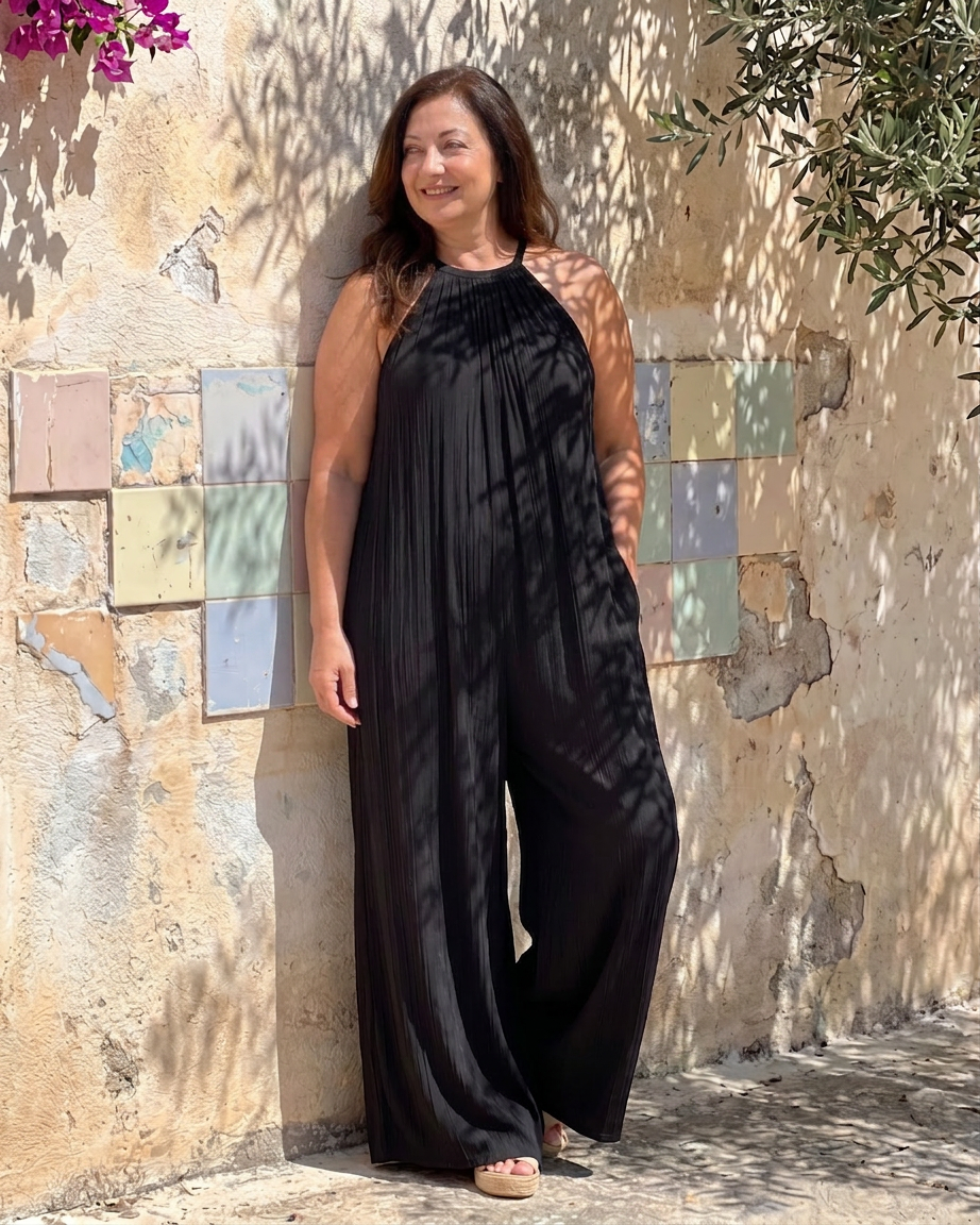 Wanda | Pleated Halter Neck Wide Leg Relaxed Jumpsuit