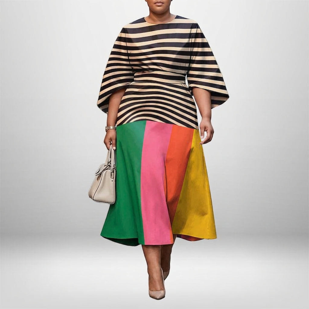 GREER | Striped Colorblock Midi with Sculpted Waist and Modern Flair