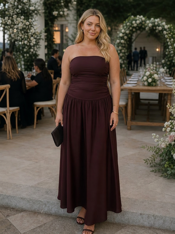 Clemence | Strapless Ruched Bodice Midi Dress