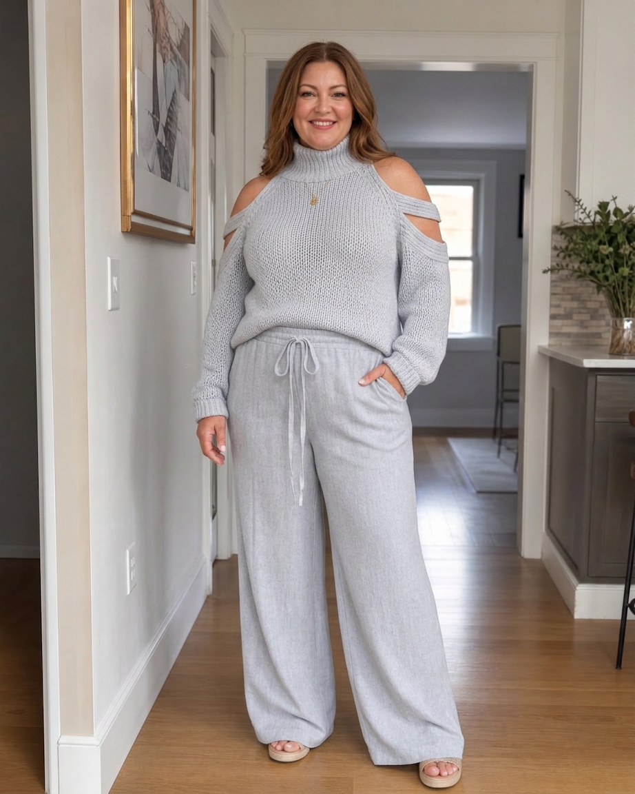 Vesper | Cold Shoulder Knit Sweater Wide Leg Pants Set