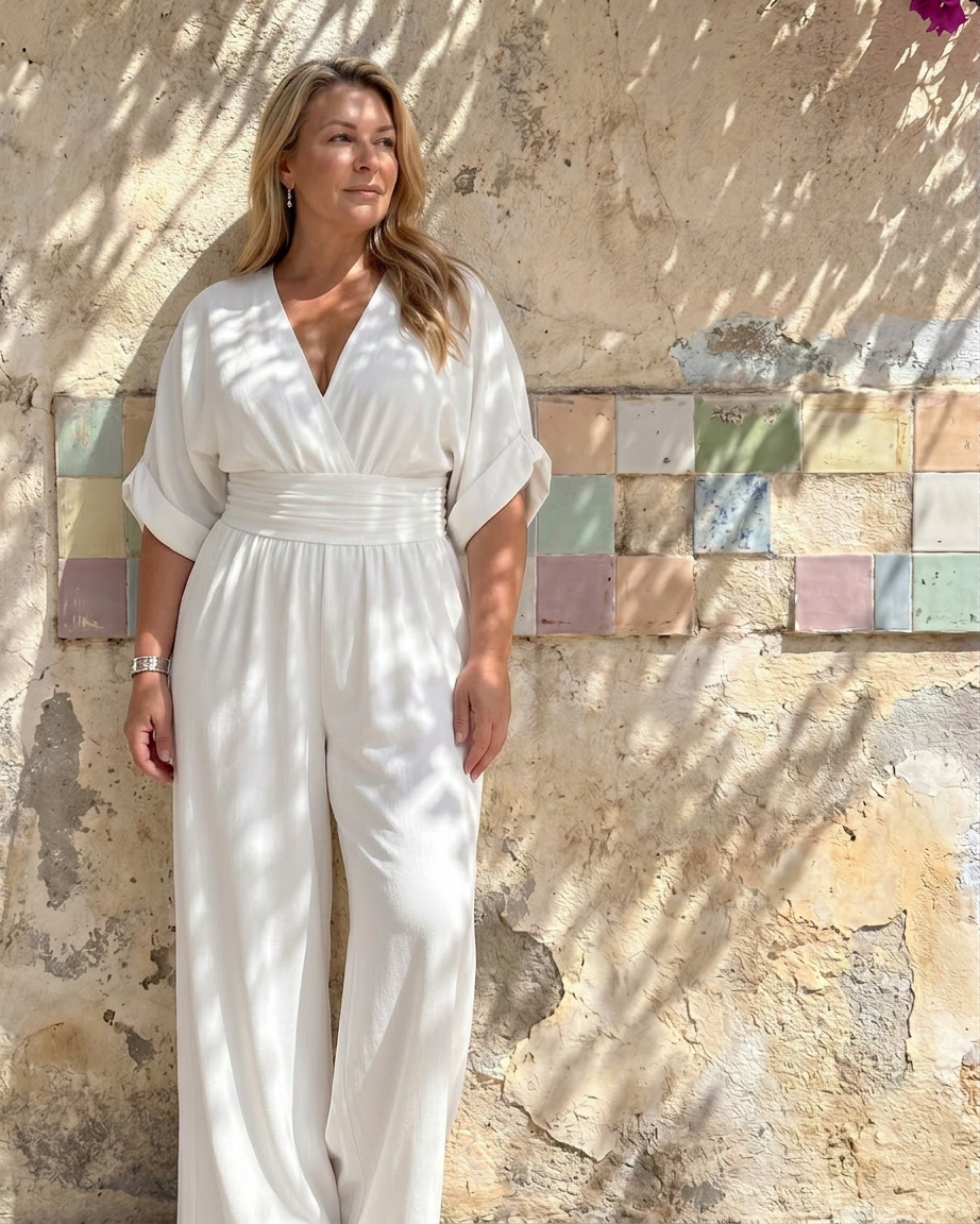Ottilie | Draped V Neck Wide Leg Relaxed Jumpsuit