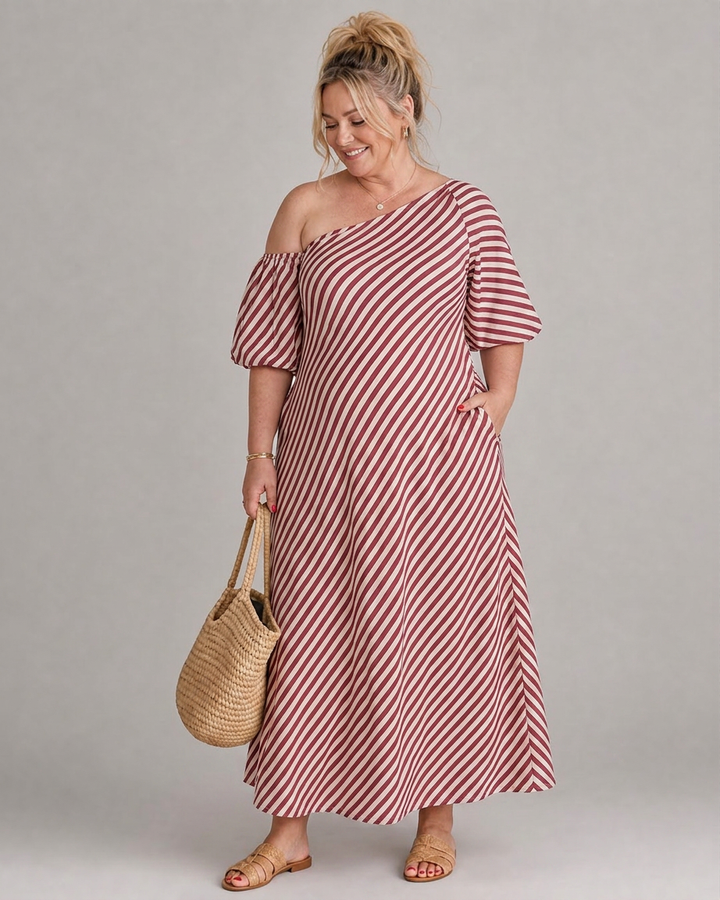 Seraphina | Striped Off Shoulder Puff Sleeve Midi Dress