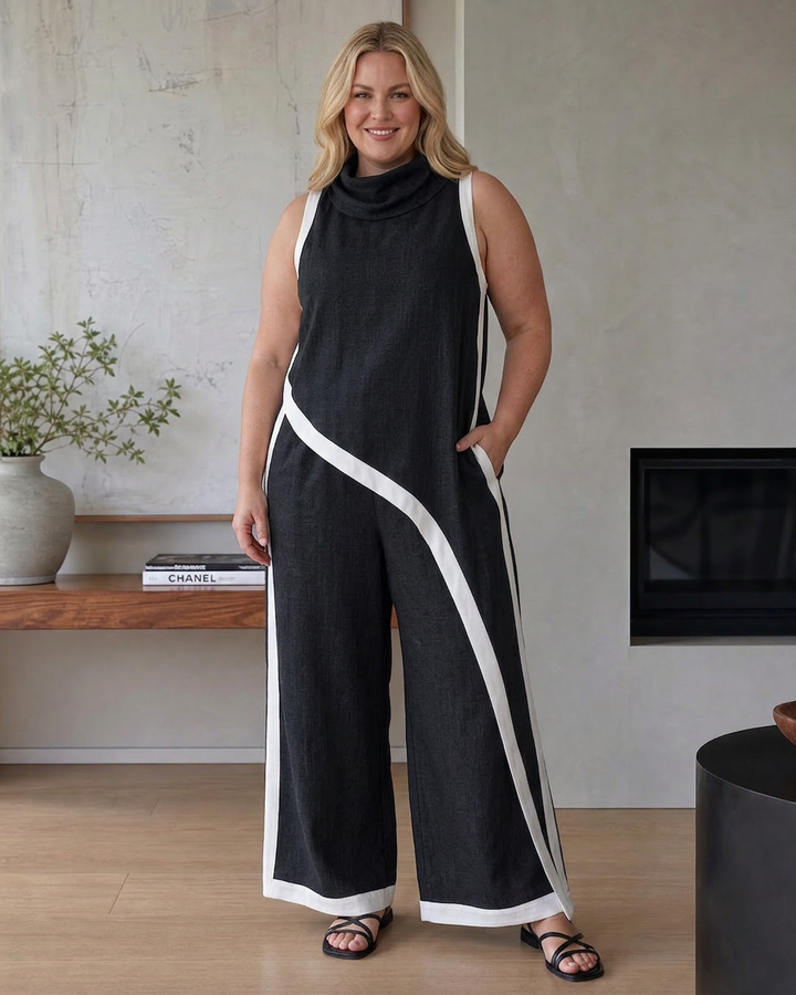 Genevieve | Contrast Trim Sleeveless Layered Top And Wide Leg Pants Set