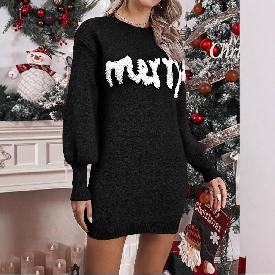 Knit Sweater Dress with Lantern Sleeves and Round Neck for Women